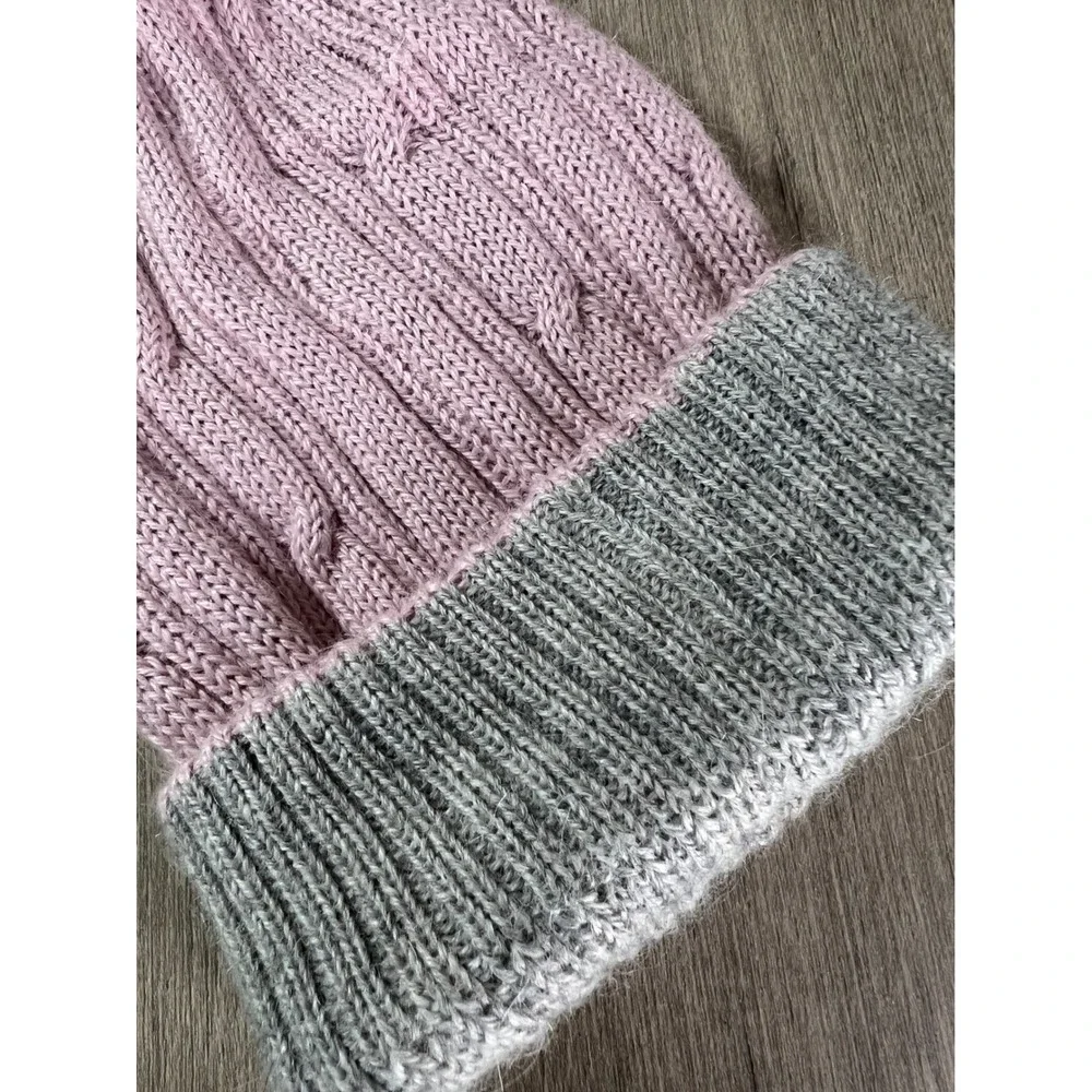 Baby Alpaca Reversible Cable Knit Beanie Pink Gray Made in Peru Winter Hat NWT